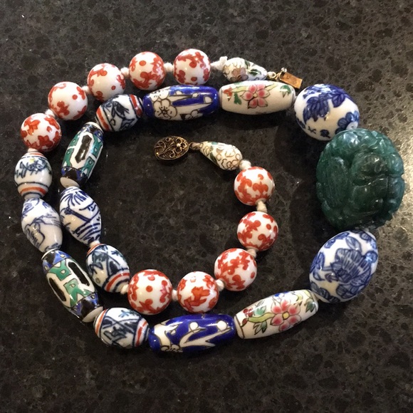 Vintage Caved Jade & Ceramic Painted Bead Necklace - Picture 15 of 16